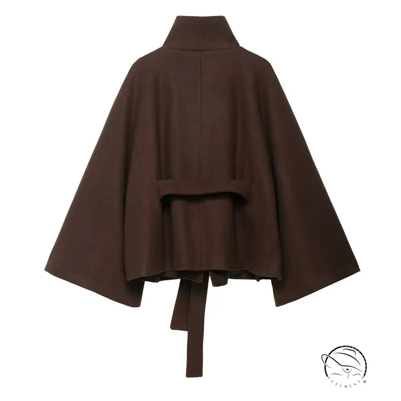 Graceful woolen cape coat in brown wool with high collar and tie belt