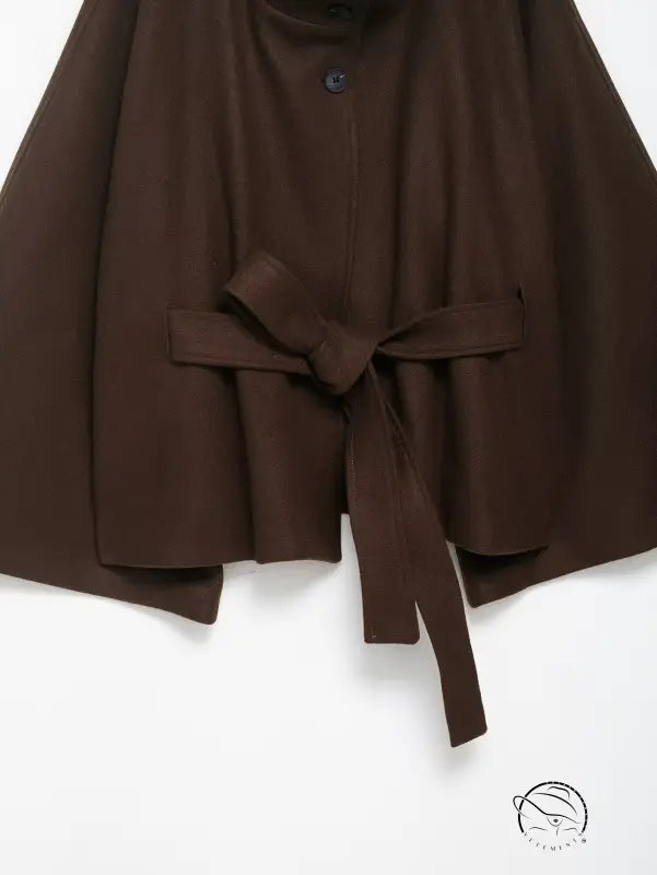 Graceful woolen cape coat with brown wrap style and waist bow