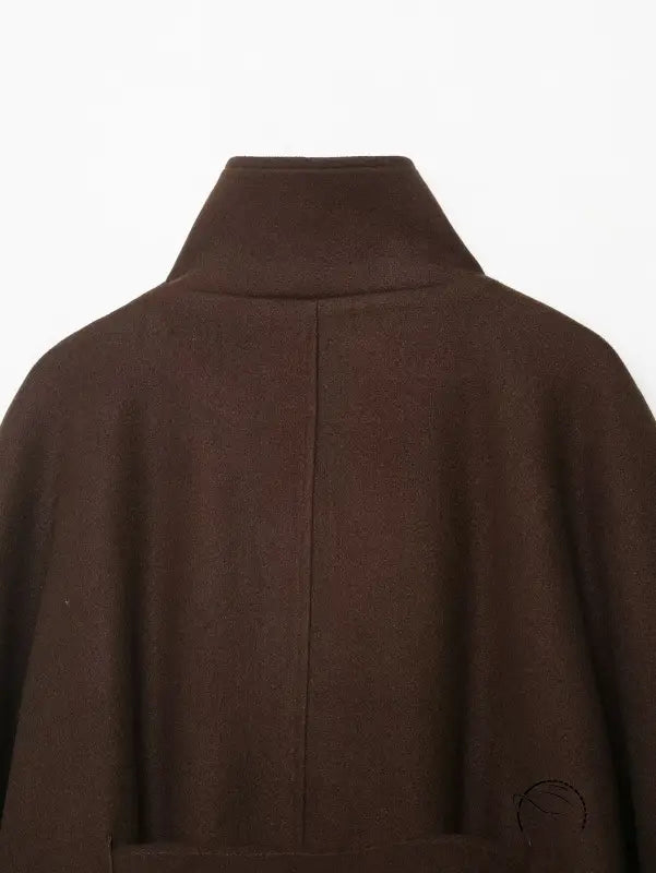 Brown woolen cape coat with high collar and button closure