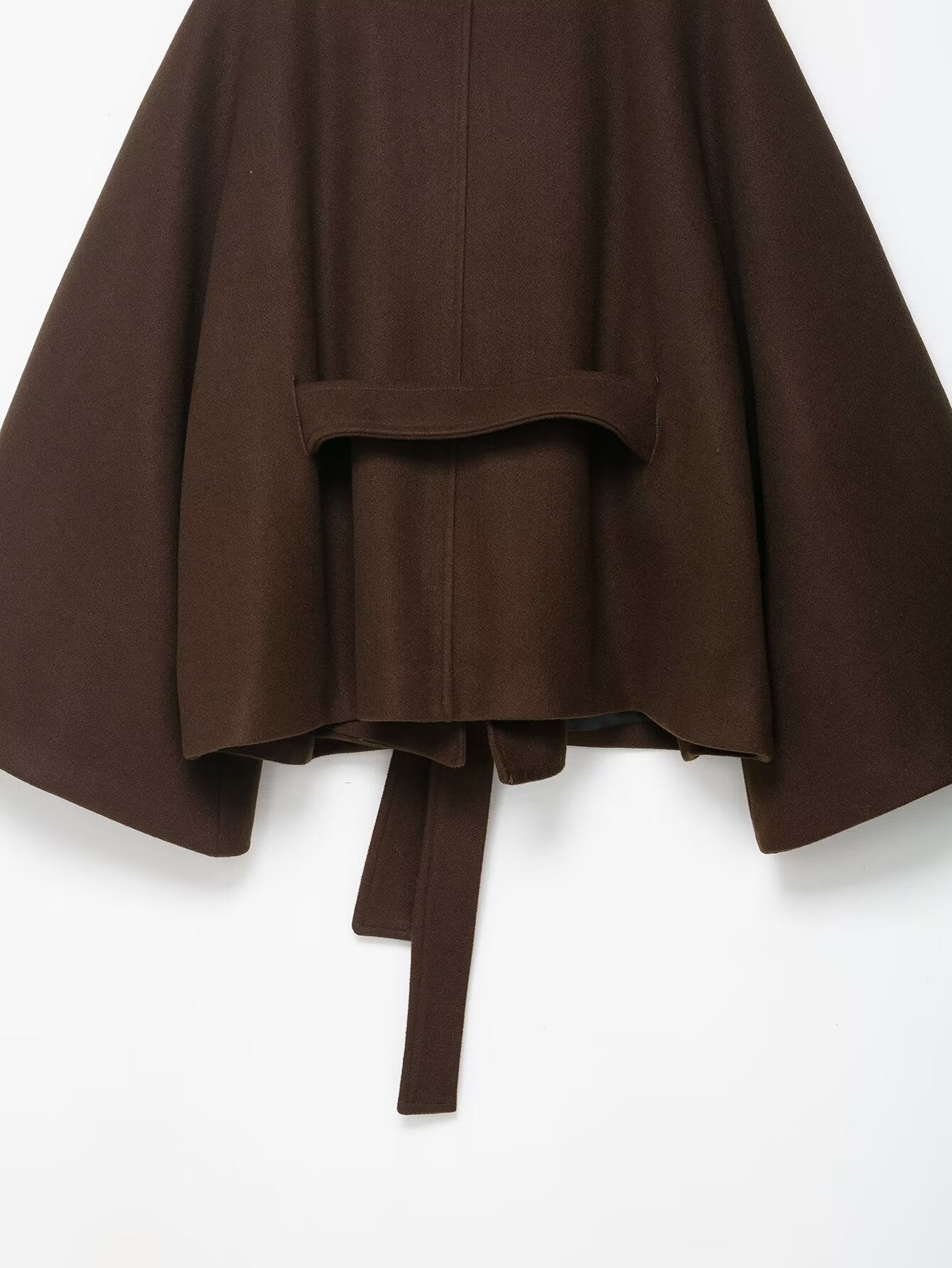 Langry fashionable brown wool cape coat with belt and asymmetrical hem
