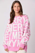 Pink Langry fashion sweater with white text, soft knit pullover