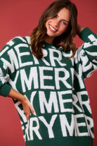 Green and white Langry fashion sweater with merry graphic, loose pullover