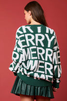 Green and white langry fashion sweater with merry text design