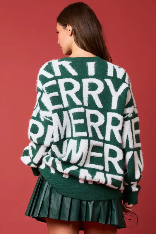 Green and white oversized langry fashion sweater with merry text design