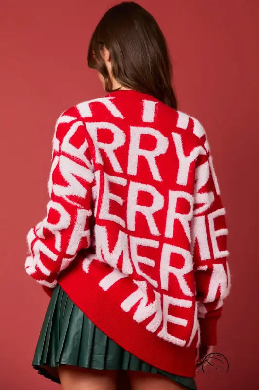 Red Winter Letter Graphic Loose Pullover: Oversized Fashion Sweater
