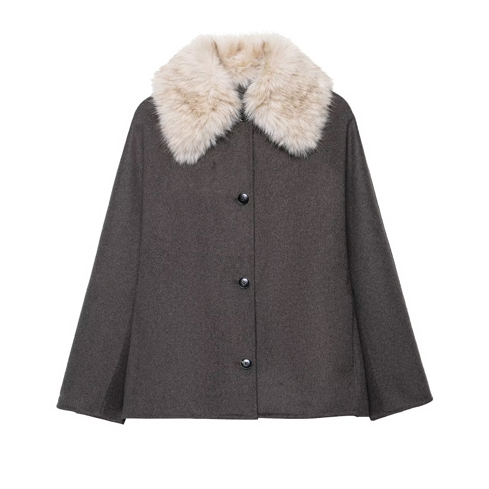 Elegant gray langry wool coat with fur effect neckline and black buttons