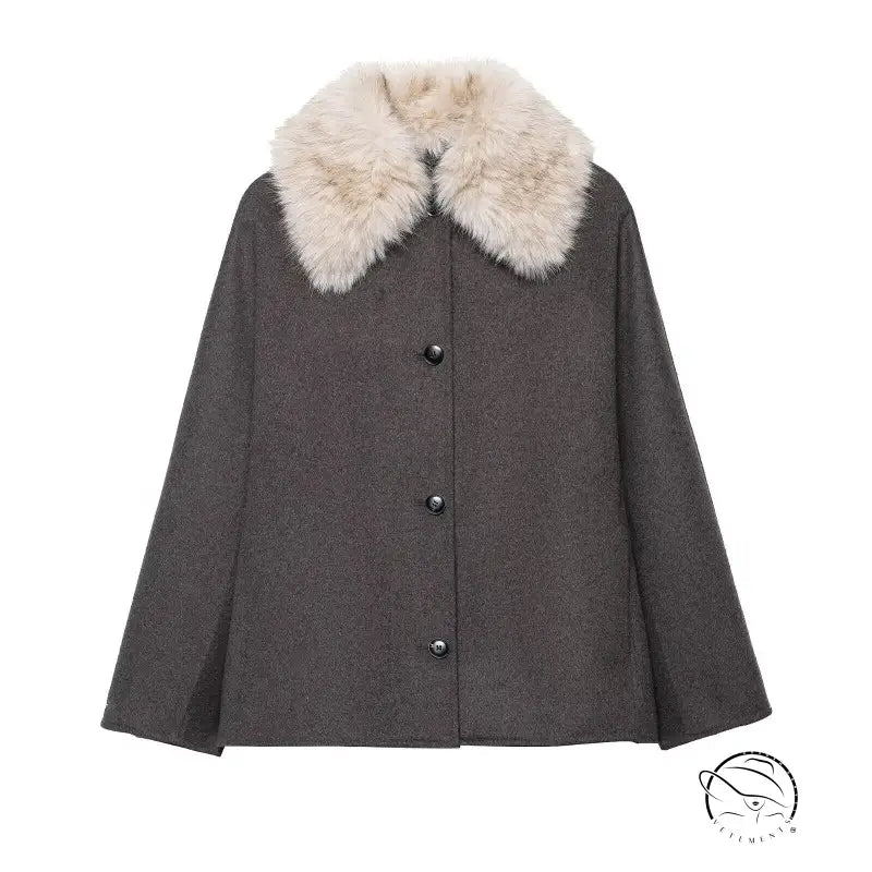Gray fur effect neckline coat with black buttons