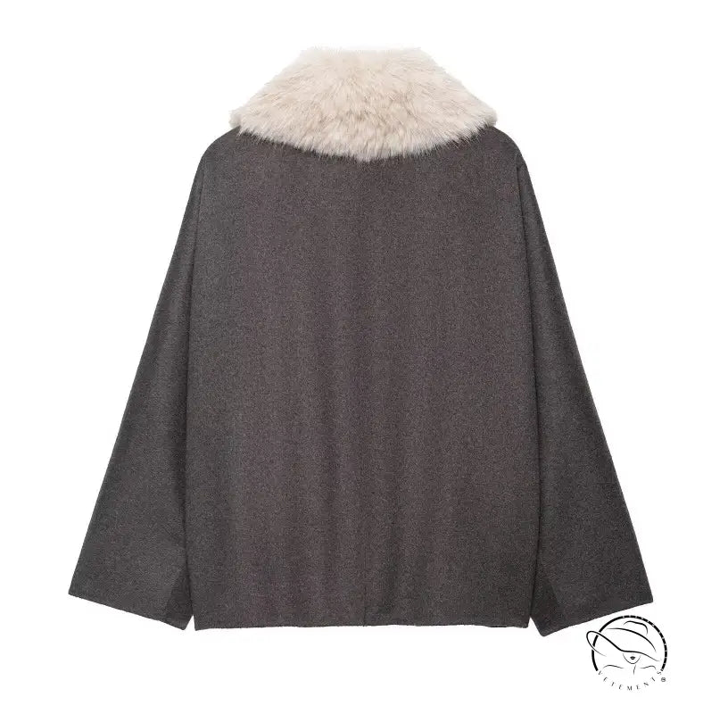 Charcoal gray fur effect neckline coat with white fur trim