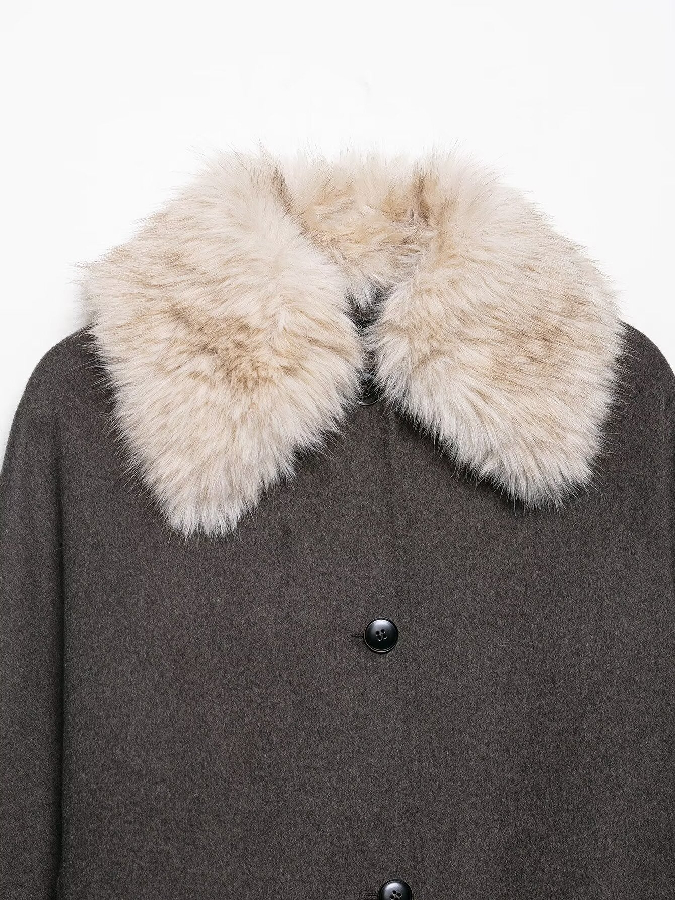 Langry fashion fur effect neckline coat with gray wool body and white fur trim