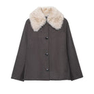 Elegant gray wool Langry fashion coat with fur effect neckline and black buttons