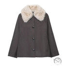 Gray wool fur effect neckline coat with black buttons
