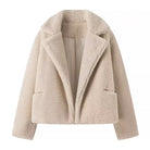 Elegant Langry beige teddy bear furry coat with lapel collar and pockets