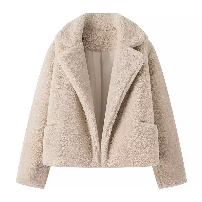 Elegant Langry beige teddy bear furry coat with lapel collar and pockets