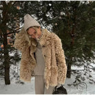 Casual big fur terry coat in beige faux fur with hood and buttons
