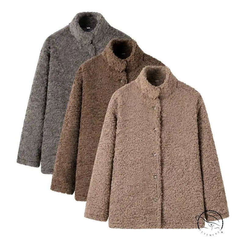 Casual big fur terry coat with brown fuzzy teddy bear texture and stand-up collar