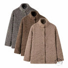 Casual big fur terry coat with brown fuzzy teddy bear texture and stand-up collar