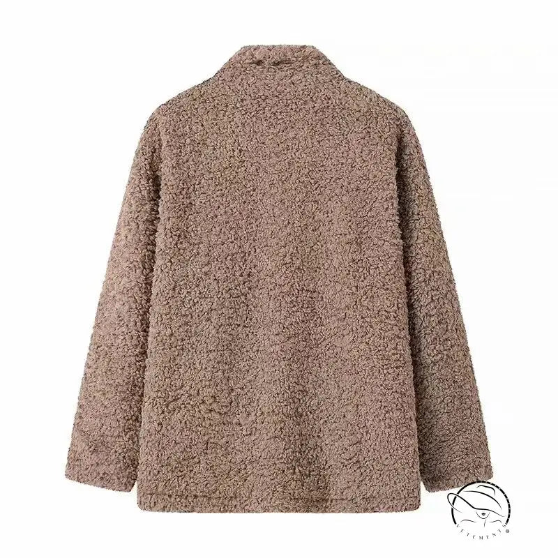 Casual big fur terry coat with brown fuzzy fabric and button closure