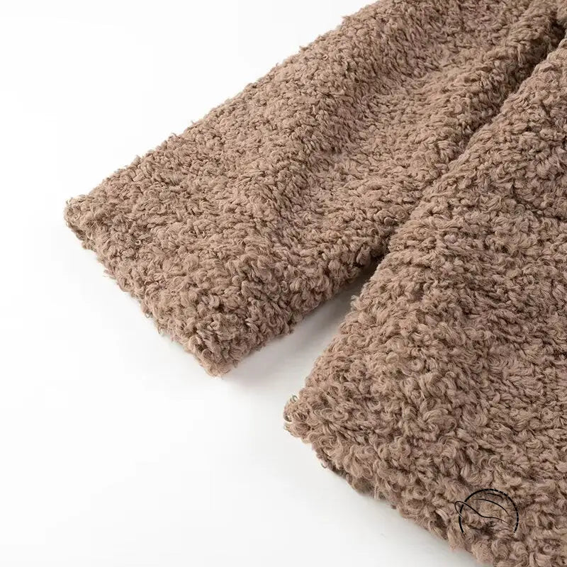 Casual big fur terry coat in light brown soft plush textured material