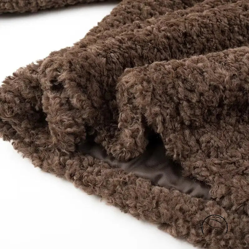 Casual big fur terry coat with brown fluffy throw blanket and gray lining