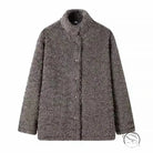 Gray boucle wool casual big fur terry coat with button closure and stand-up collar