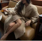 Beige oversized faux fur double breasted overcoat with hood and belt