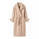 Elegant double breasted Langry beige boucle wool overcoat with belt
