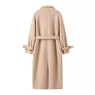 Beige textured Langry double breasted woolen trench coat with belt