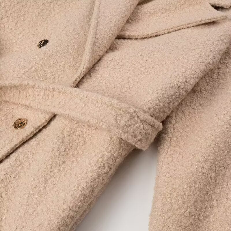 Beige double breasted teddy bear overcoat with fur lining