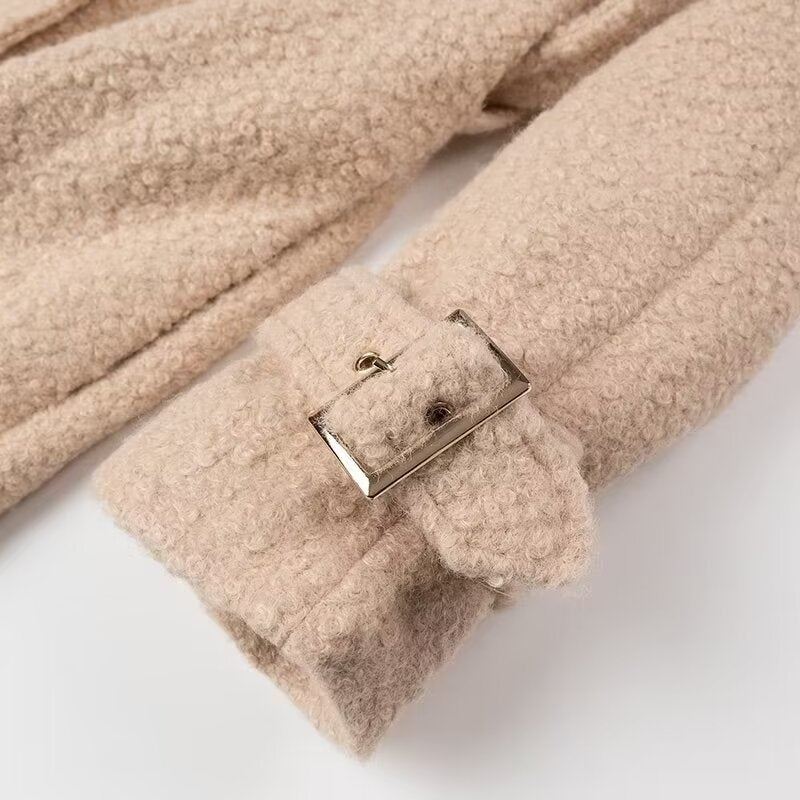 Beige boucle double breasted Langry woolen overcoat with gold trim