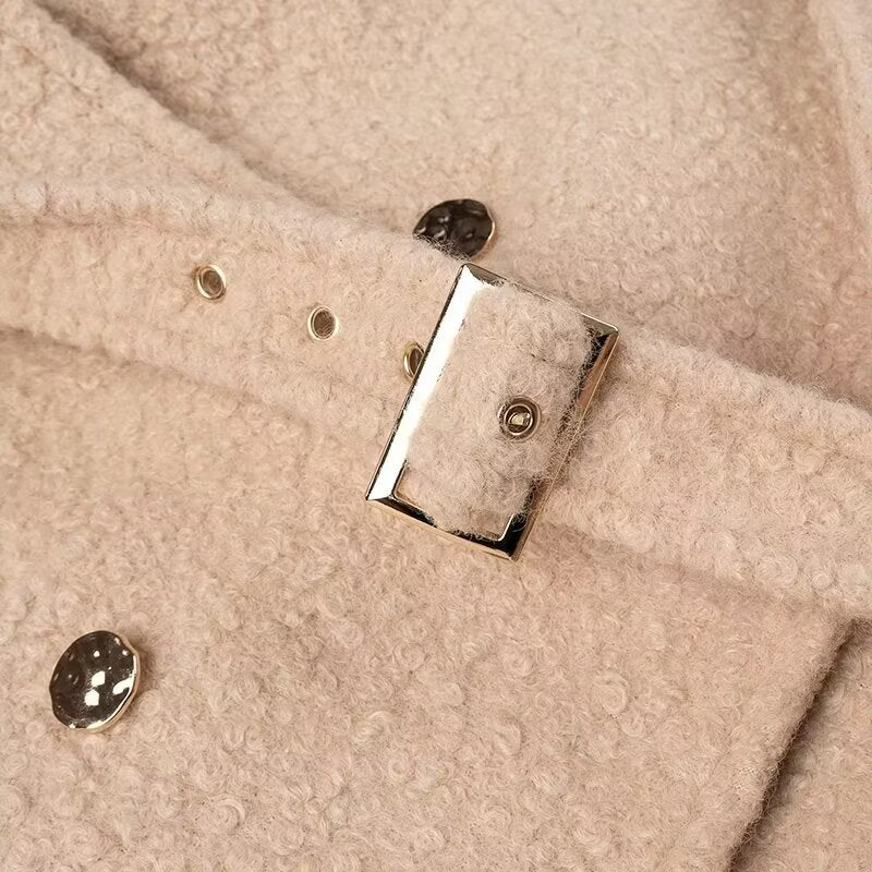 Beige textured terry woolen double breasted overcoat with silver buckle and buttons