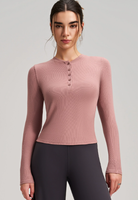 Soft pink ribbed knit langry fashion top with buttoned neckline