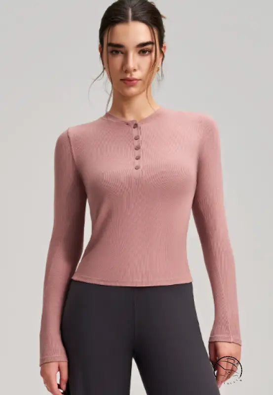 Soft pink ribbed knit langry fashion top with buttoned neckline