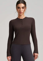 Sleek dark brown ribbed langry fashion top for yoga