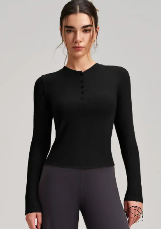 Black langry yoga long-sleeved top with button-down front