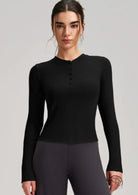 Black langry yoga long-sleeved top with button-down front