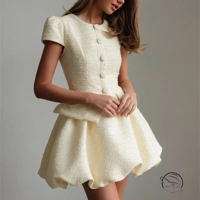 Enchanting short sleeve cream boucle dress with button front and flared skirt