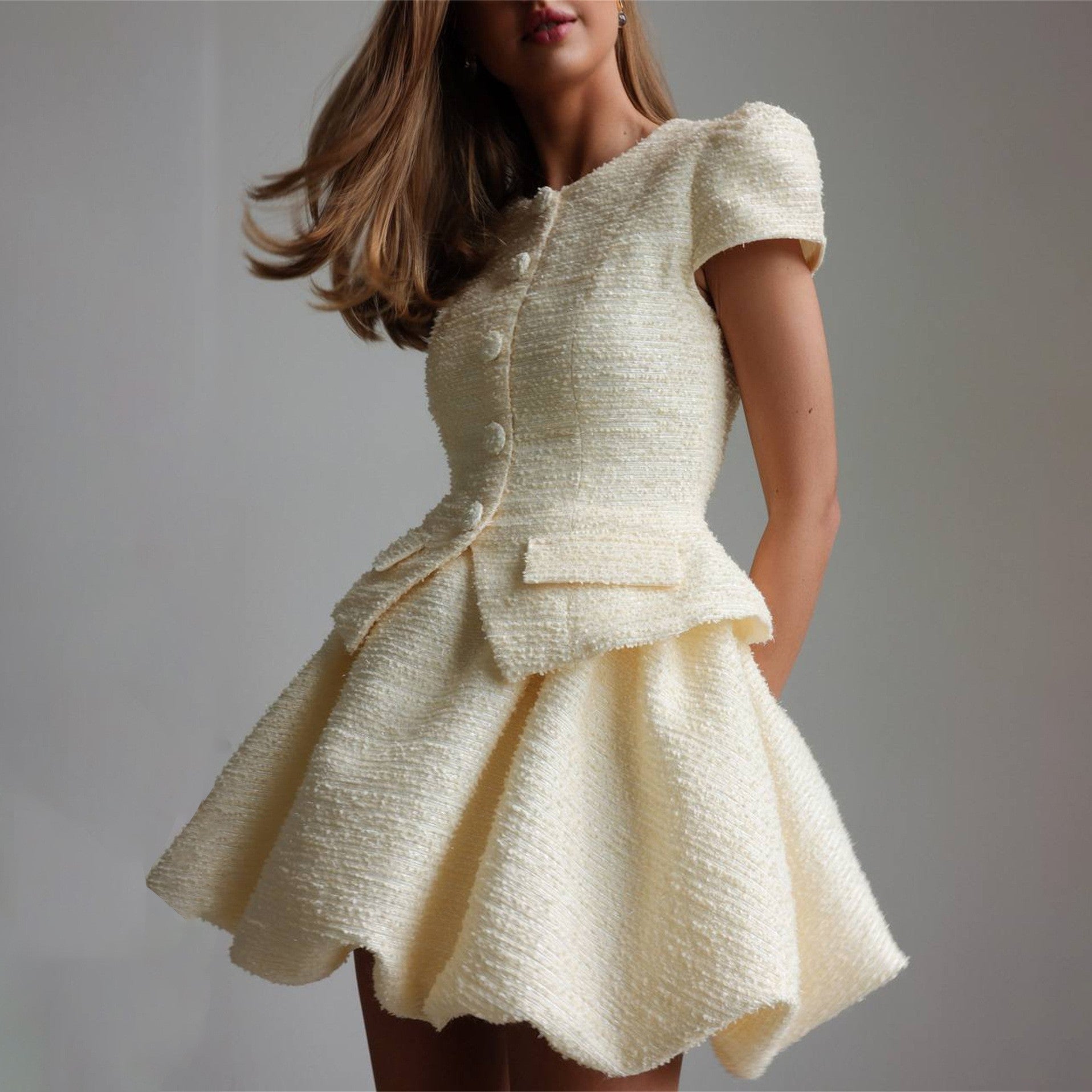 Enchanting short sleeve cream tweed peplum dress with buttons