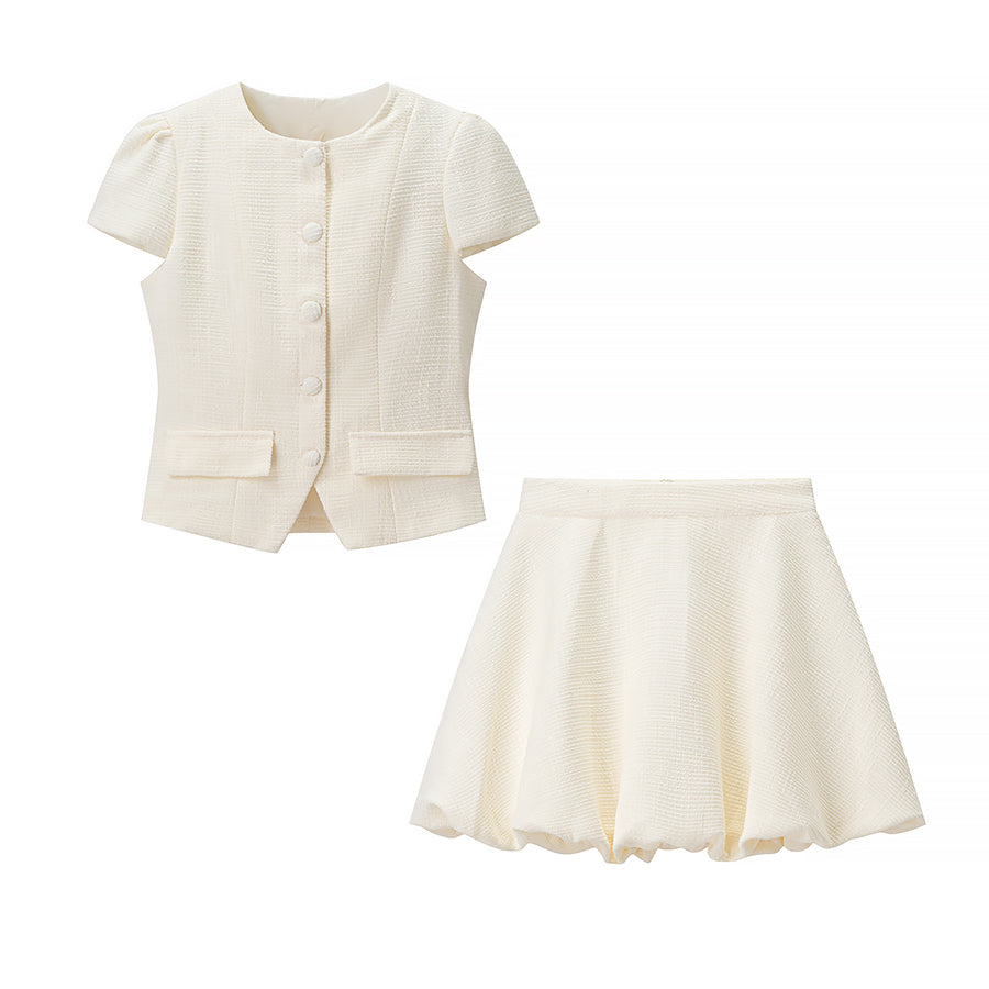 Enchanting short sleeve bud cream cardigan and skirt set