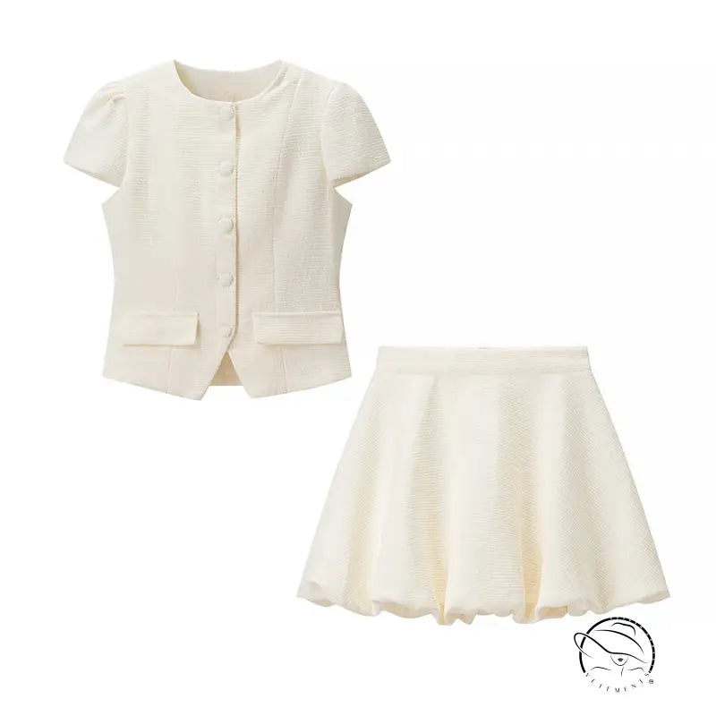 Enchanting short sleeve bud cream cardigan and skirt set