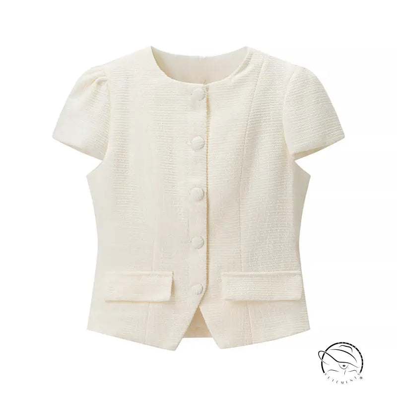 Enchanting short sleeve bud cream textured cardigan with buttons and pocket