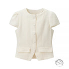 Enchanting short sleeve bud cream textured cardigan with buttons and pocket