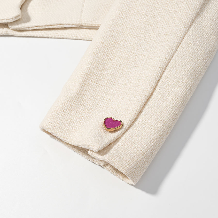 Pink cream textured Langry fashion short coat with heart-shaped gold buttons