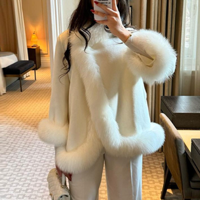 Langry fashion white faux fur woolen jacket with oversized cuffs and collar for warmth