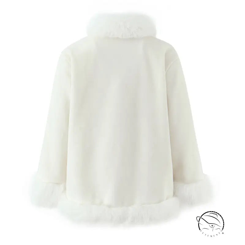 Cream-colored faux fur langry fashion jacket with high collar and cuffs