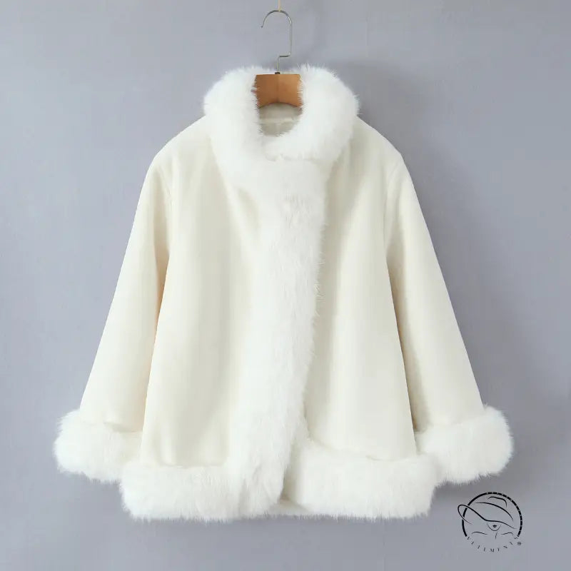 Elegant langry cream faux fur fashion coat with high collar and cuffs
