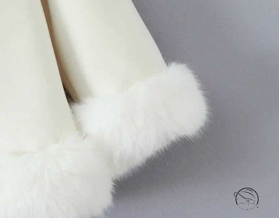 White fluffy faux fur boot with high heel in Langry fashion jacket