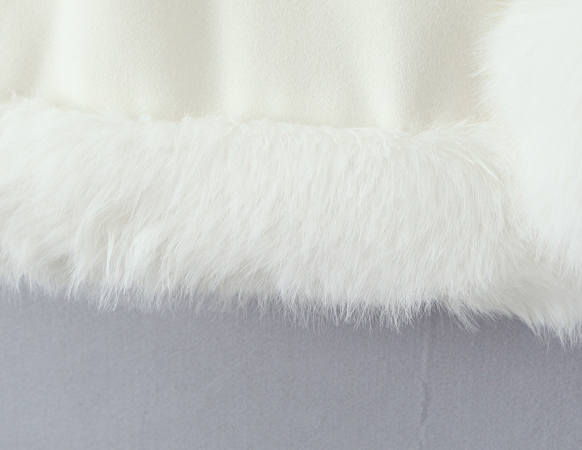 Elegant white fluffy faux fur scarf on Langry fashion woolen jacket