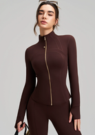 Brown long sleeve zip-up bodysuit with high neckline and finger stalls