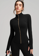 Black long-sleeve zip-up bodysuit with gold zipper for langry fashion