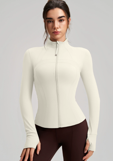 Long sleeve cream zip-up yoga jacket with ribbed cuffs and finger stall collar